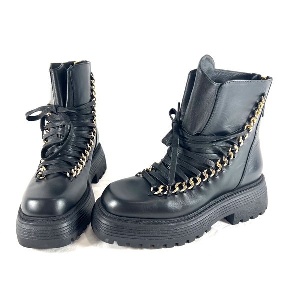 ALEVI Black Leather Chain Link Ankle Women's Ines Boots Made in Italy 38 - 8US - Picture 1 of 11